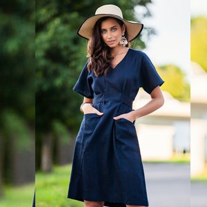 Dark Blue Linen Dress,Women Linen Dress,Plus Size Clothing, Linen Midi Dress, Summer Linen Dress, Linen Shirt Dress, Minimal Dress, Guntina