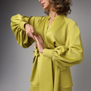 Long Olive Green Satin Blouse , V-Cut Neckline, Long Sleeve Blouse, Women Office Wear, Formal Wear, Plus Size Clothing