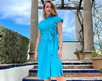 Blue Organic Cotton Dress, Wrap Dress With Pockets, Summer Casual Dress, Plus Size Clothing, Women Midi Dress, Short Sleeve , Relaxed Dress
