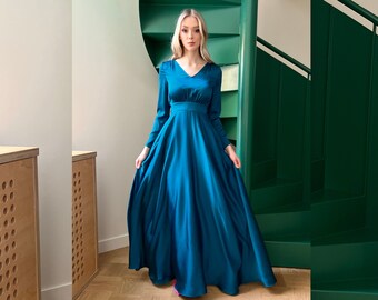Peacock Maxi Dress, Deep V Neck Dress, Bow Tied Dress, Evening Gown, Wedding Guest Dress, Floor Length Dress, Bridesmaid Dress,Plus Size