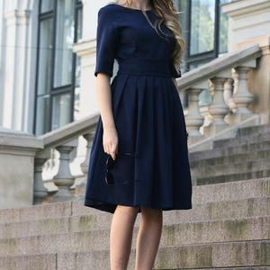 Navy Blue Dress, Wedding Guest Dress, Formal Midi Dress, Office Pleated Dress, Women Clothing, Plus Size Clothing, Ball Dress, 1950's Dress image 1