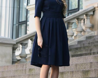 Navy Blue Dress, Wedding Guest Dress, Formal Midi Dress, Office Pleated Dress, Women Clothing, Plus Size Clothing, Ball Dress, 1950's Dress