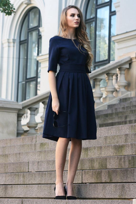 Navy Blue Dress, Wedding Guest Dress, Formal Midi Dress, Office