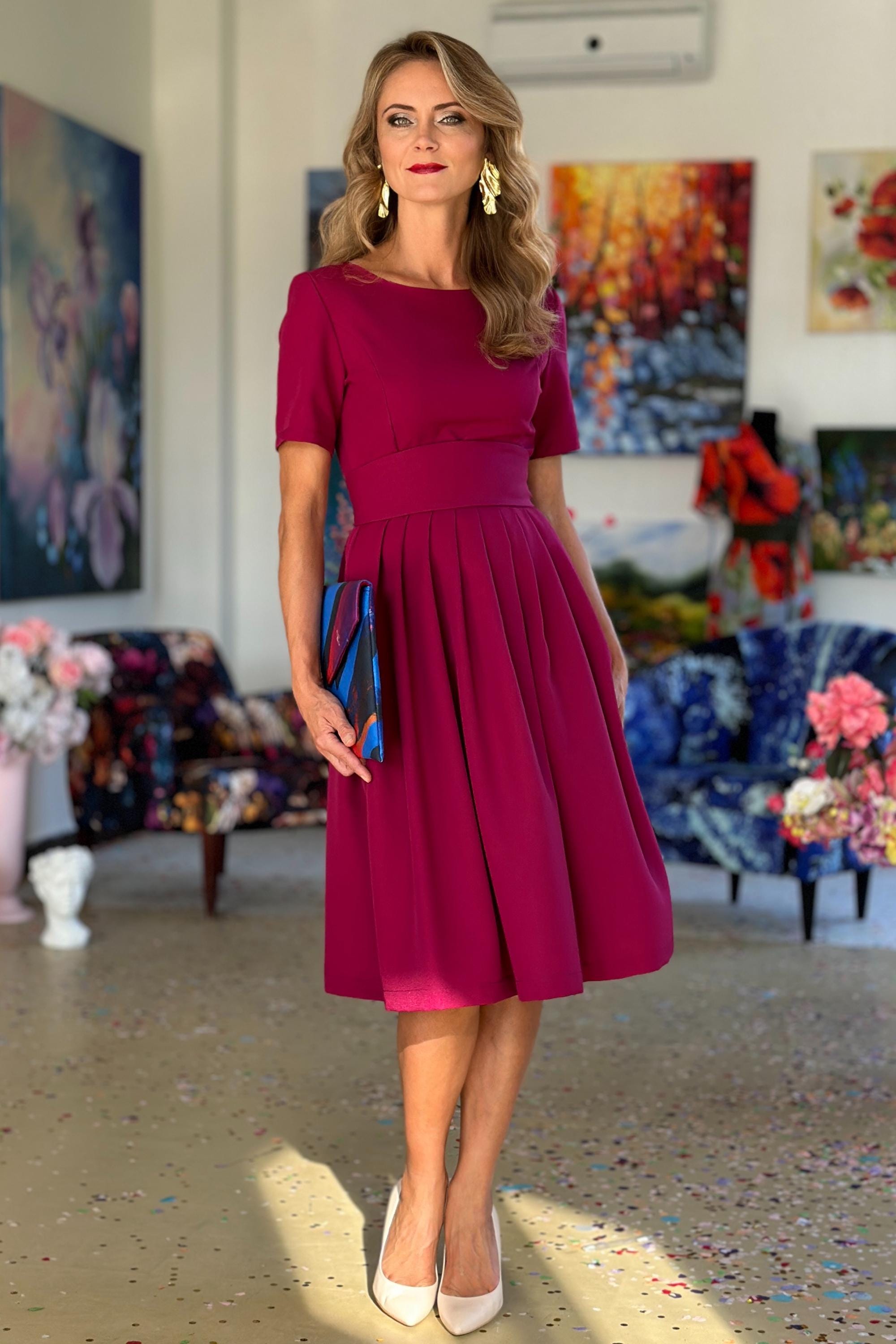 sachin and babi light blue dress Raspberry Red Pleated Dress, Classic Dress, Casual Dress, Formal Dress,  Office Dress, Women Dress, Plus Size Dress, Oversized Dress, Stylish