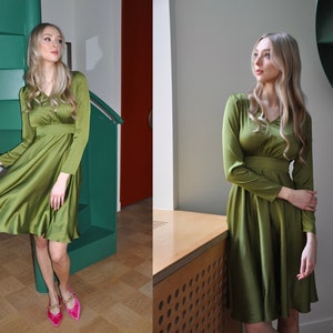 Pesto Satin Dress, Cocktail Dress, Holiday Party Dress, New Years Dress, Little Dress, Wedding Guest Dress, Plus Size Clothing