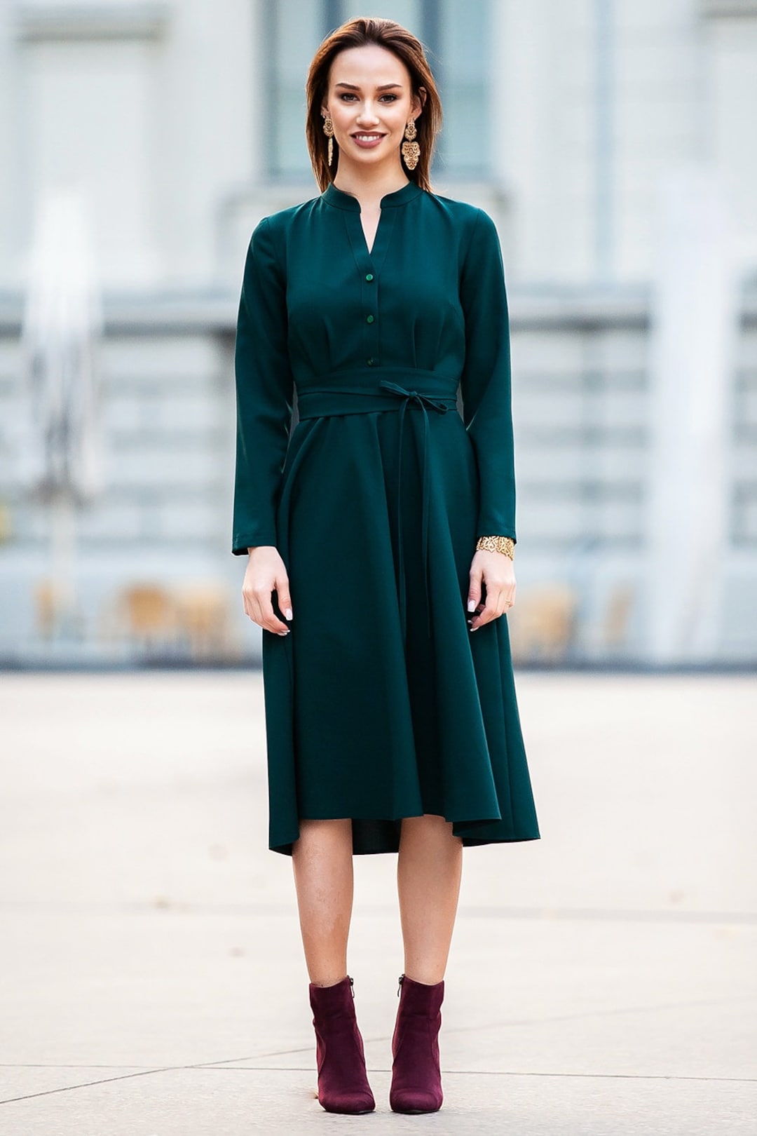 Dark Green A Line Midi Shirt Dress with Stand Collar and Belt, Plus Size Long Sleeve Button Front Office Dress, XS-5XL