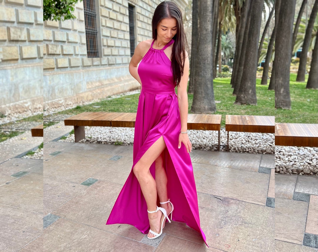 Pink Halter Dress, Women Maxi Dress, Wedding Guest Gown, Pleated Cocktail Dress, Bridesmaid Slit Dress, Formal Wear, Plus Size Clothing Pink Halter Dress, Women Maxi Dress, Wedding Guest Gown, Pleated Cocktail Dress, Bridesmaid Slit Dress, Formal Wear, Plus Size Clothing
