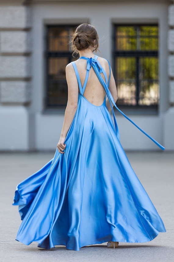 Blue Satin Maxi Dress With Open Back and Sweetheart Neckline, Sleeveless Flowy Bridesmaid Gown, Plus Size Summer Wedding Guest Dress, XS-5XL