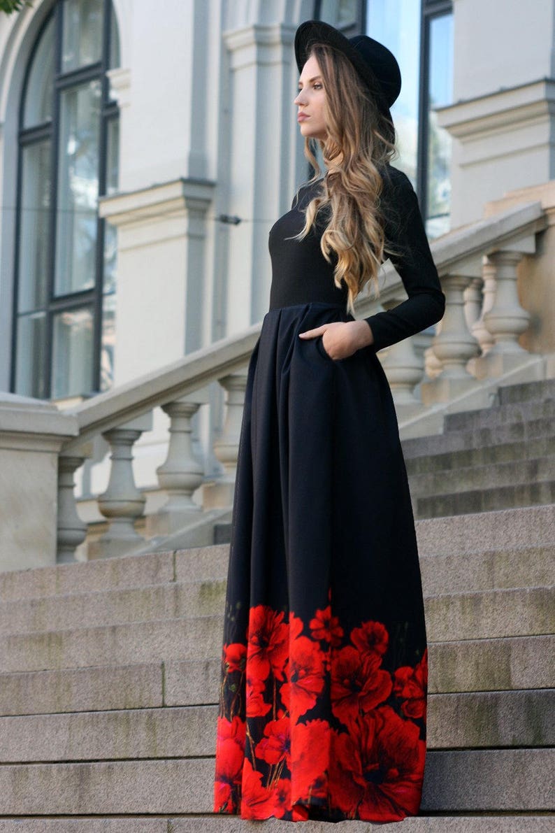 Formal Dress, Women Dress, Maxi Dress, Plus Size Maxi Dress, Floral Dress, Long Sleeved Dress, Black Dress, Ball Gown, Elegant Dress image 3