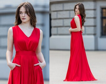 Red Maxi Dress, Deep V Neck Dress, Bow Tied Dress, Evening Gown, Wedding Guest Dress, Floor Length Dress, Bridesmaid Dress,Plus Size Clothes