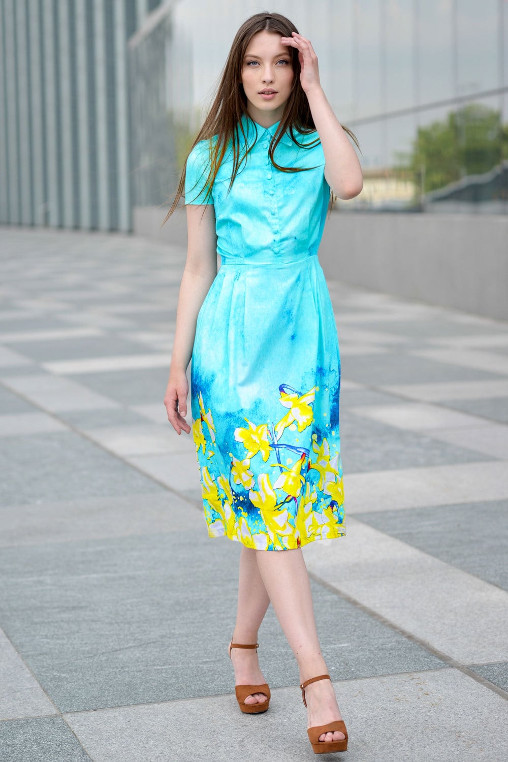 Turquoise Dress, Teal Dress, Short Sleeved Dress, Midi Dress, Romantic Dress, Knee Length Dress, Floral Dress, Formal Dress, Boho Dress