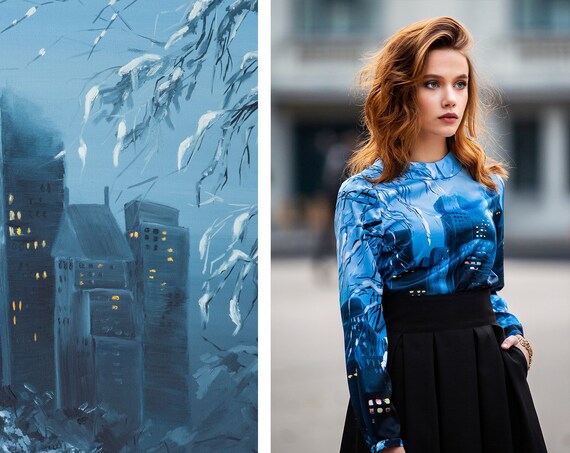 Blue Printed Blouse, Long Sleeve Top, Extravagant Blouse, Peter Pan Blouse, Plus Size Clothing, Cocktail Blouse, Boho Clothing, City Print