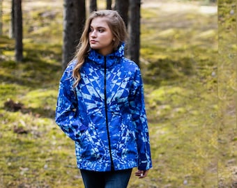 Blue jacket women, Waterproof Jacket, Outerwear, Women Sport Jacket, Lining optional, Hooded jacket, Printed jacket, Abstract, Plus size