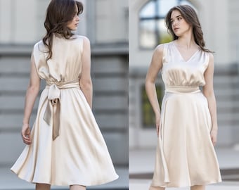 Vestido midi para mujer, vestido de dama de honor, vestido de dama de honor, vestido formal de satén, vestido largo hasta la rodilla, vestido de invitada de boda, vestido de cóctel de verano