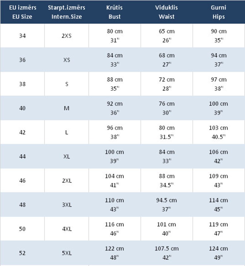 May include: A size chart for women's clothing with measurements in inches and centimeters. The chart shows EU sizes, international sizes, bust, waist, and hip measurements.