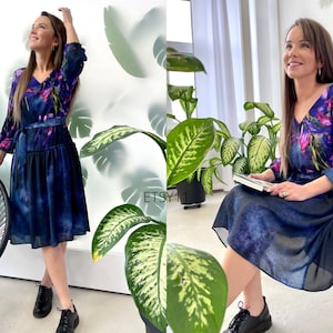 Wedding Guest Dress, Long Sleeve Dress, Women Midi Dress, Floral Dress, Chiffon Dress, Bohemian Dress, Evening Dress, Plus Size Clothing