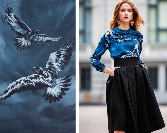 Birds Printed Blouse, Blue Elegant Blouse, Plus Size Clothing, Peter Pan Collar Top, Loose Fit Blouse, Oversize Blouse, Cocktail Winter Top