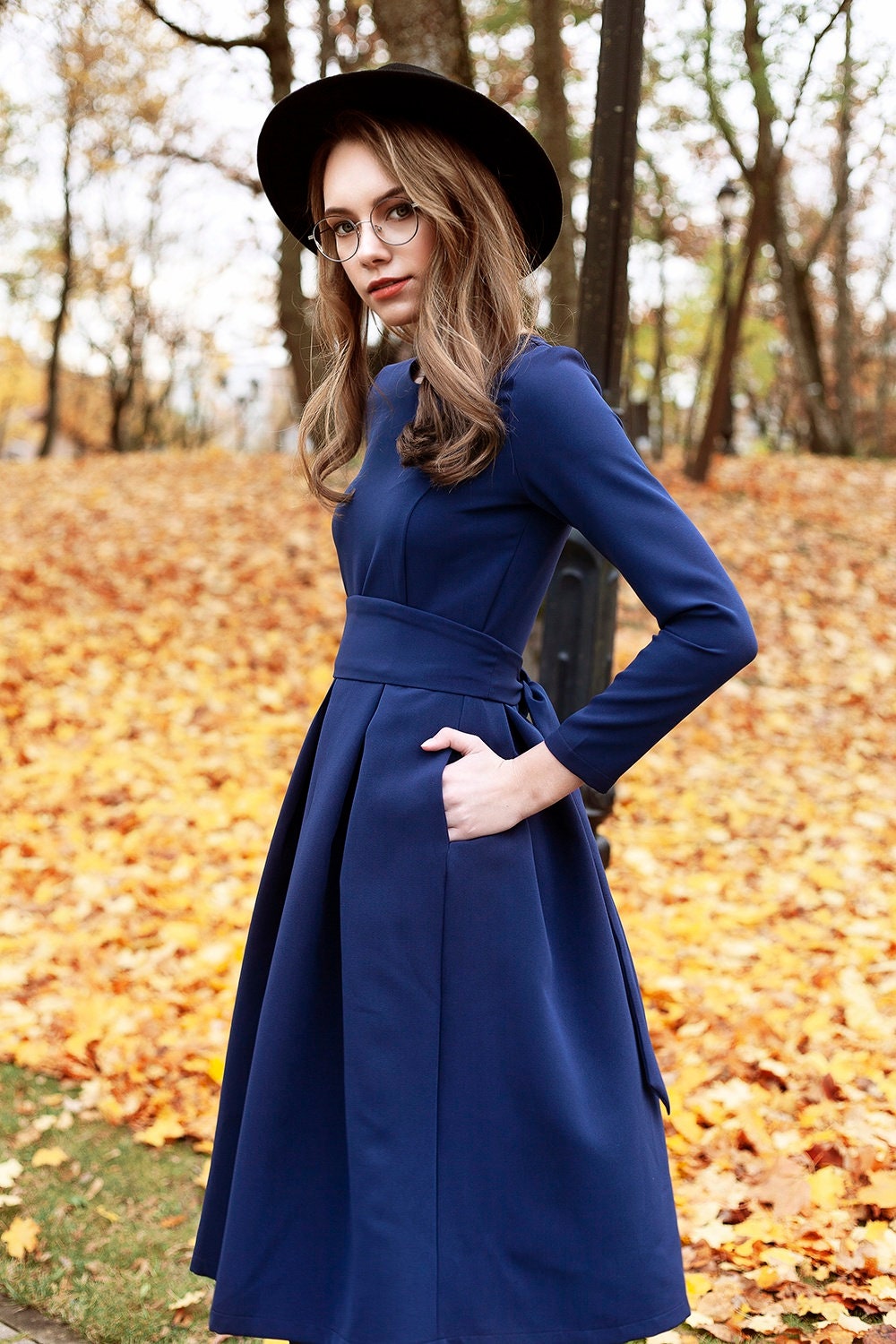 black dress with blue belt Dark Wash Denim Pleated Mini Dress with Belt main image 0