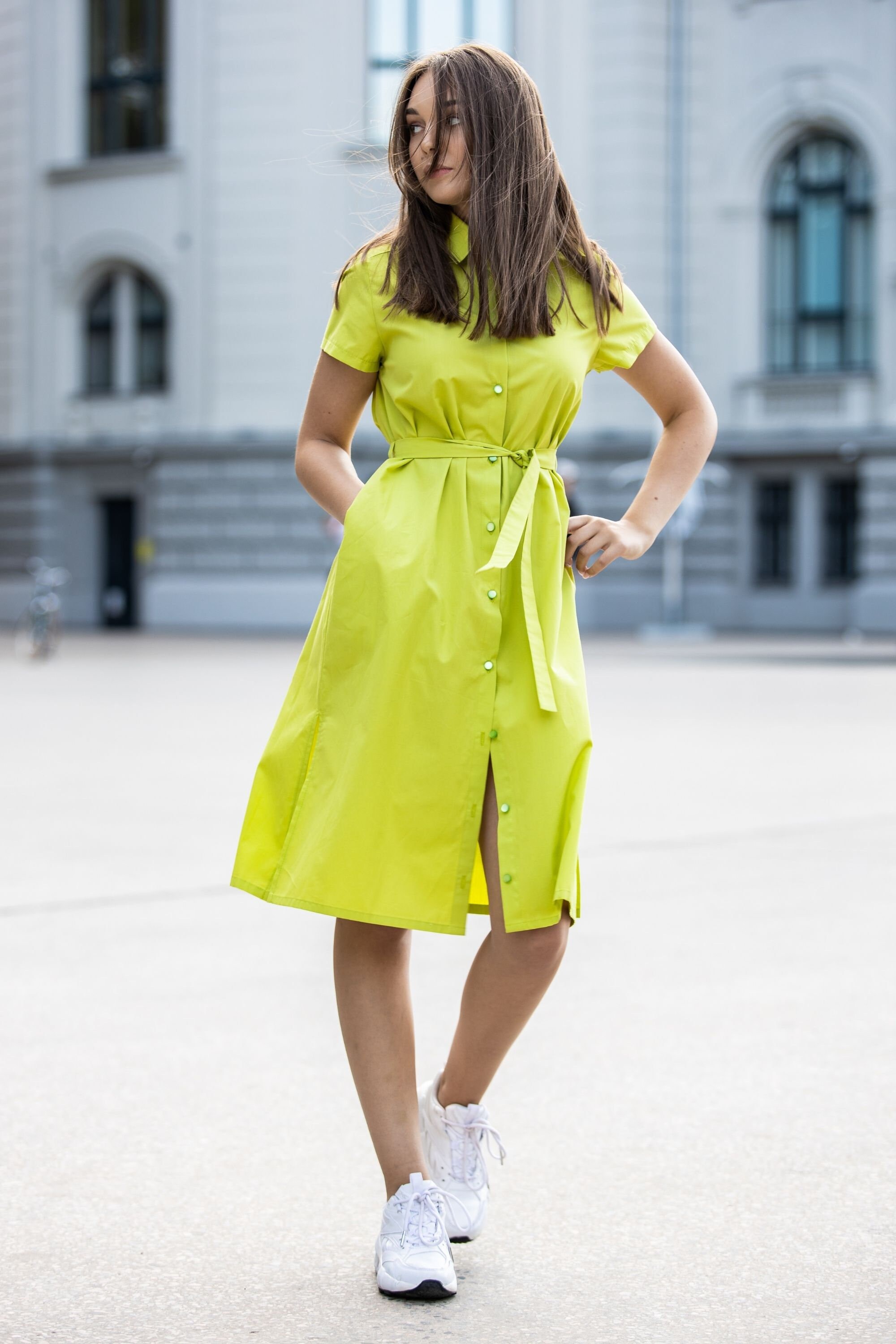 lime green cotton dress Organic Midi Shirt with Belt and Pockets, Plus Size Short Sleeve Collared Button Front Dress, XS-5XL mfss