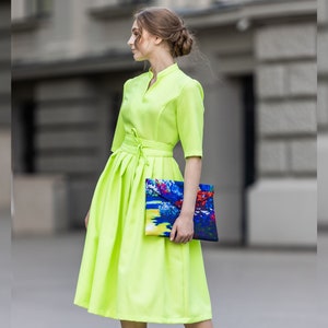 Lime Neon Dress, Women Midi Dress, Pleated Dress, 1950's Dress, Plus Size Clothing, A Line Dress, Summer Circle Dress, Fit And Flare Dress