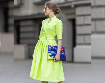 Lime Neon Dress, Women Midi Dress, Pleated Dress, 1950's Dress, Plus Size Clothing, A Line Dress, Summer Circle Dress, Fit And Flare Dress