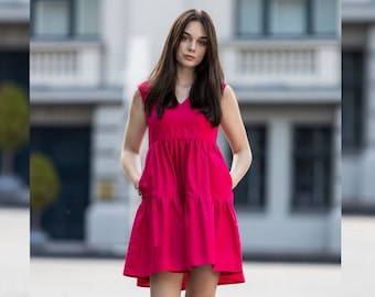 Pink Ruffle Dress, Cotton Dress With Pockets, Women Mini Dress, Plus Size Dress, Summer Tiered Dress, Sleeveless Dress, Circle Dress