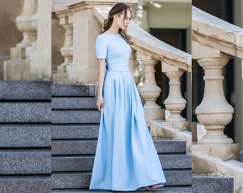 Blue Maxi Dress, Formal Pleated Dress, Bridesmaid Dress, Floor Length Gown, Minimalist Dress, Mother Of The Bride Dress, Plus Size Clothing