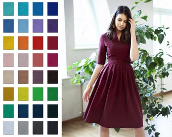 A Line Dress, Women Midi Dress, Pleated Dress, Casual Dress, 1950&#39;s Dress, Plus Size Clothing, Classic Dress, Loose Fit Dress, Short Dress