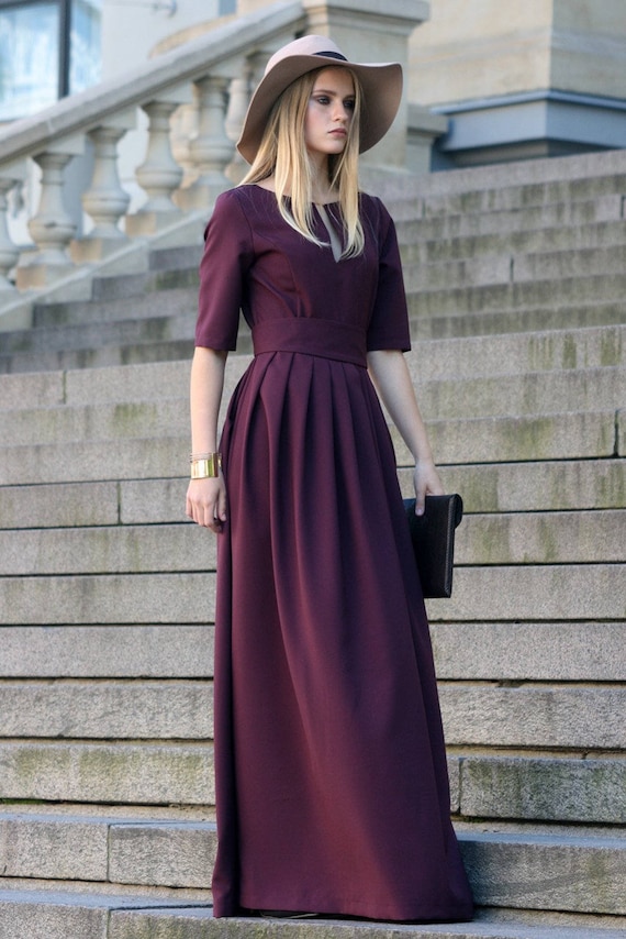 Women's Long Sleeve Chiffon Maxi Dress With Belt | Loose Fit Crew Neck Long Dress - Wine & Lavender - View #3