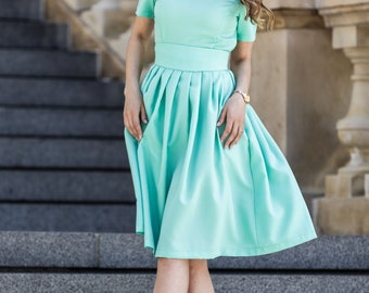 Mint Women Dress, Fit and Flare Dress, Bridesmaid Gown, Wedding Guest Dress, Plus Size Clothing, Tea Length Dress, Short Sleeves Dress