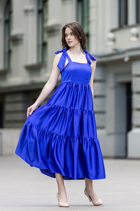 flowy picnic dress Blue Mauve Satin Tiered Midi With Bow Straps, Sleeveless Corset Top Summer Dress, Plus Size Cocktail Dress, XS-5XL NPU-Tandi-202339