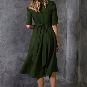 Dark Green Dress, Women Cocktail Dress, Knee Length Dress, Green Bridesmaid Dress, Plus Size Clothing, High Waist Dress, Pleated Dress image 5