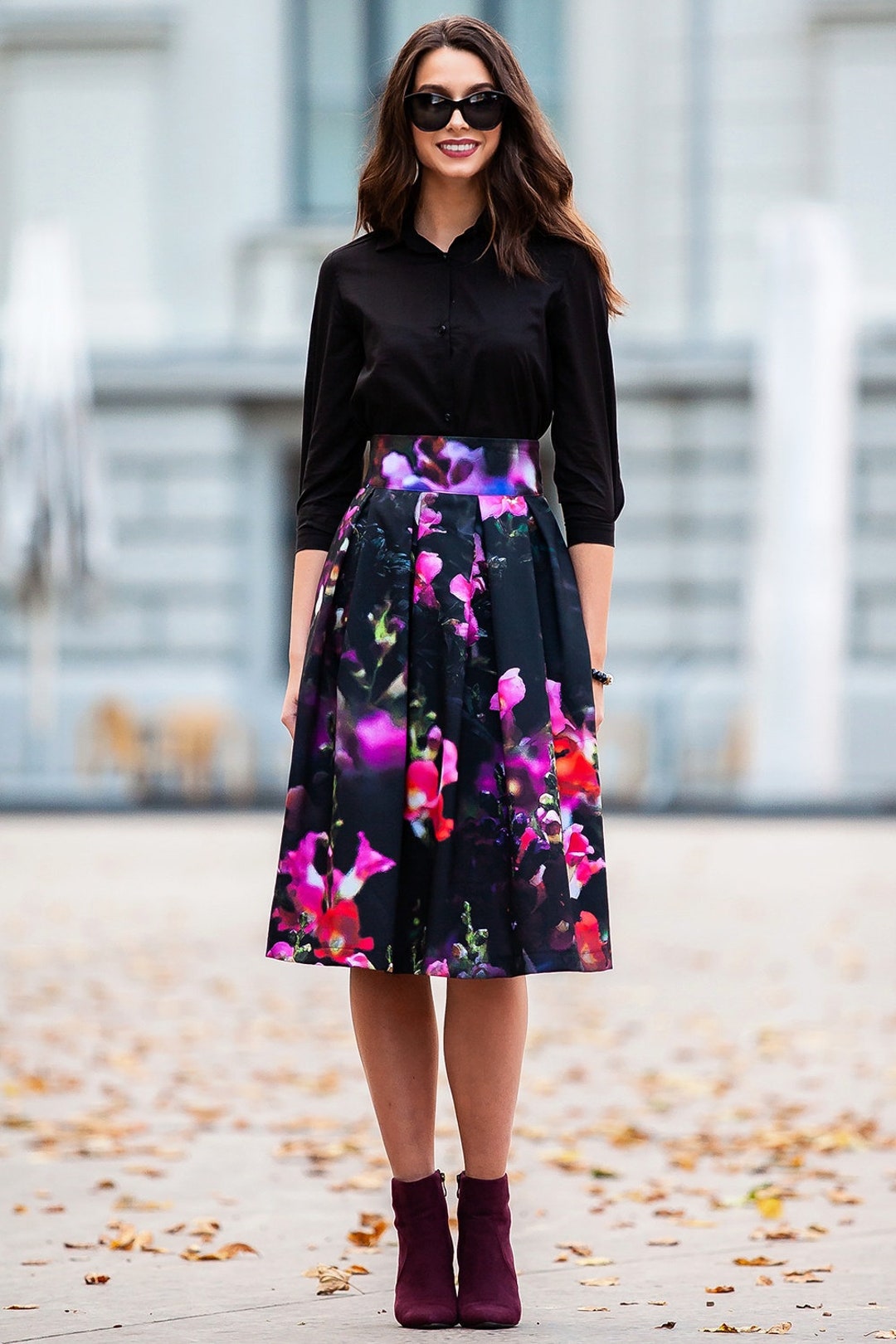 High Waisted Skirt, Printed Floral Skirt, Black Purple Skirt