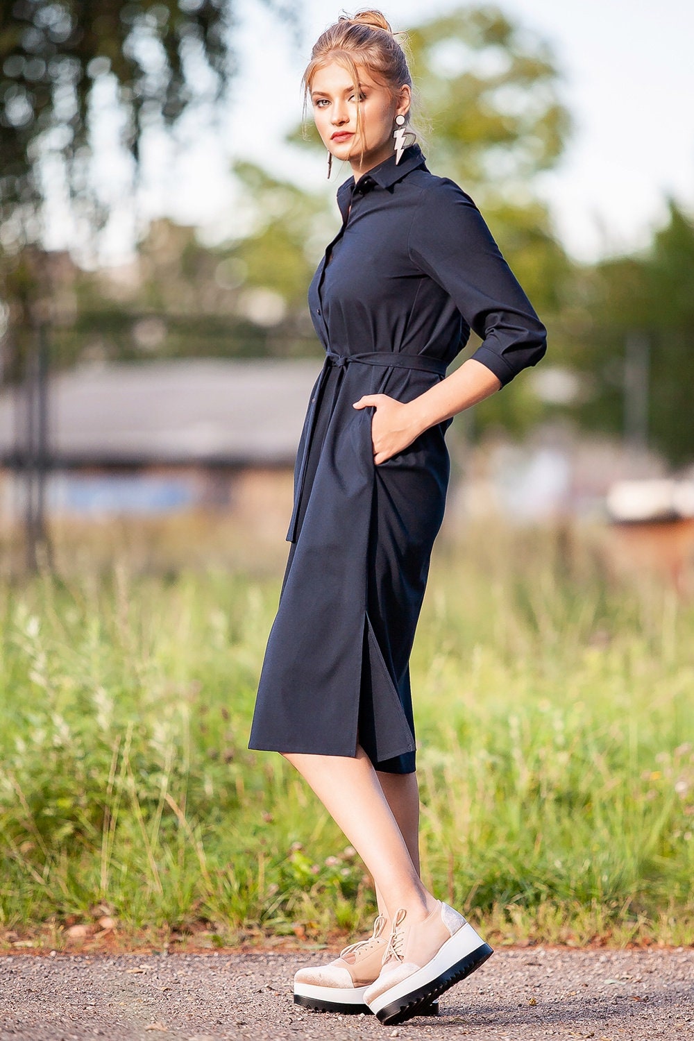 Dark Blue Shirt Dress, Button Down Dress, Holiday Shirt Dress, Comfy Dress, Midi Dress, Plus Size Clothing, Collar Dress, Thanksgiving Dress