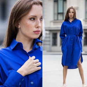 Blue Shirt Dress, Long Sleeve Dress, Collared Tunic Dress, Minimalist Clothes, Oversize Dress With Pockets, Women&#39;s Clothing, Plus Size