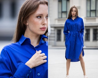 Blue Shirt Dress, Long Sleeve Dress, Collared Tunic Dress, Minimalist Clothes, Oversize Dress With Pockets, Women's Clothing, Plus Size