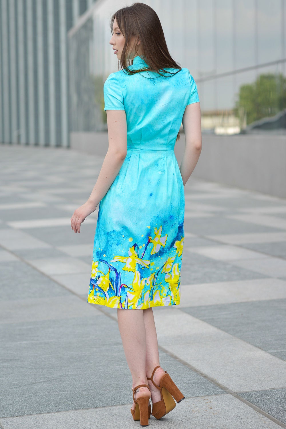 Turquoise Dress, Teal Dress, Short Sleeved Dress, Midi Dress, Romantic Dress, Knee Length Dress, Floral Dress, Formal Dress, Boho Dress
