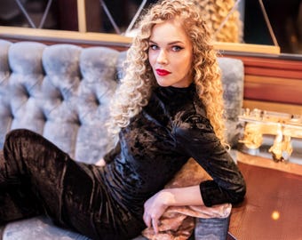 Black Velvet Midi Dress Women, Long Sleeve Bodycon Dress, Soft Stretch Velvet, Minimalist Evening Dress, Classic Fitted Outfit