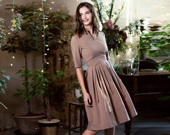 Vestido de talla grande con mangas, vestido de la década de 1950, ropa minimalista, vestido swing, vestido midi para mujer, vestido elegante, vestido marrón, vestido de bengala para mujer