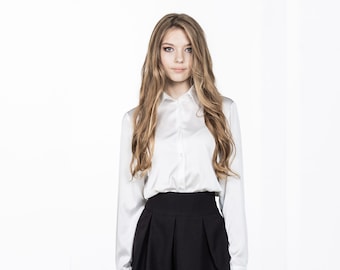 Weiße Frauen Bluse, Langarm Top mit Kragen, Frauen Button Up Shirt, Sekretär Bluse, Büro Kleidung für Frauen, formelle Bluse