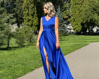Royal Blue Queen Dress with Slit | Elegant and Alluring |Stunning Long Satin Dress| Luxurious Blue Satin| Glamorous Maxi Dress| Plus Size