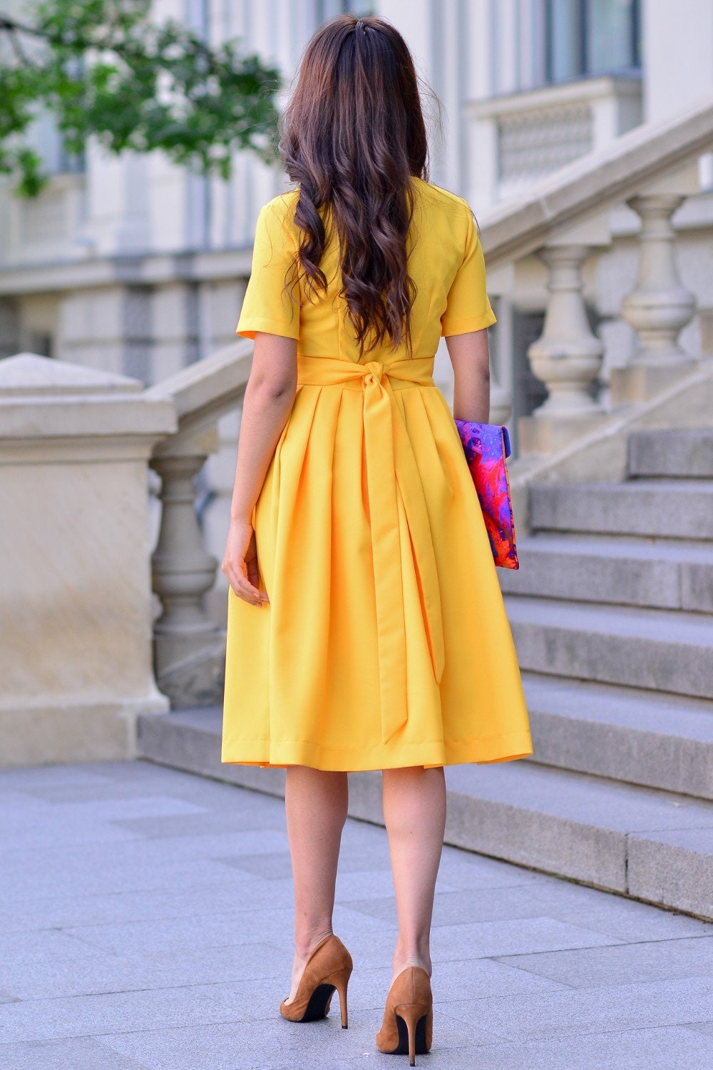 Yellow Pleated Dress, Classic Dress, Casual Dress, Formal Dress
