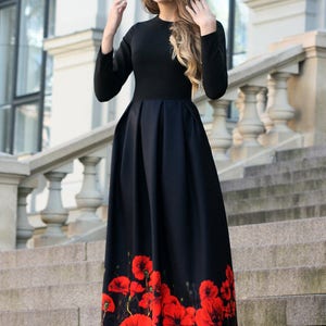 Formal Dress, Women Dress, Maxi Dress, Plus Size Maxi Dress, Floral Dress, Long Sleeved Dress, Black Dress, Ball Gown, Elegant Dress image 2