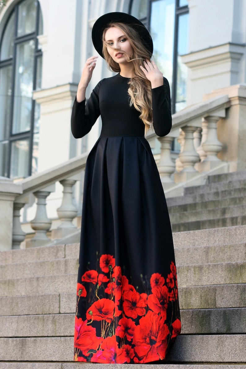 Formal Dress, Women Dress, Maxi Dress, Plus Size Maxi Dress, Floral Dress, Long Sleeved Dress, Black Dress, Ball Gown, Elegant Dress image 2