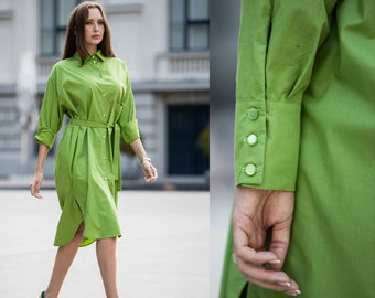 Abito oversize da donna, abito con colletto verde, abito a camicia minimalista, cotone taglie forti, abito con bottoni larghi, abito a maniche lunghe, abbigliamento