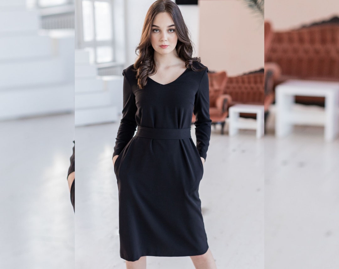 knee length dresses for ladies Irina Long Sleeved Sequin Gown- Black