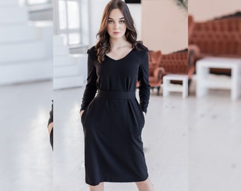 Black Elegant Dress, Long Sleeve Dress, Midi Formal Dress, Plus Size Clothing, Women Winter Dress, Minimalist Clothing, Cocktail Dress