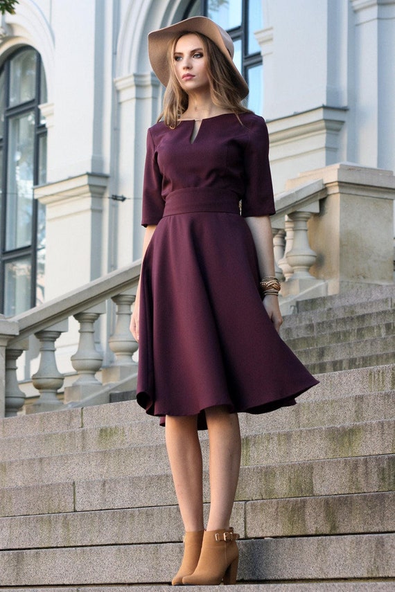 Fit and Flare Midi Dress in Burgundy, Boat Neck Swing Dress With Pockets,  Short Sleeve Party Dress, Mother of the Bride Dress 2336 - Etsy