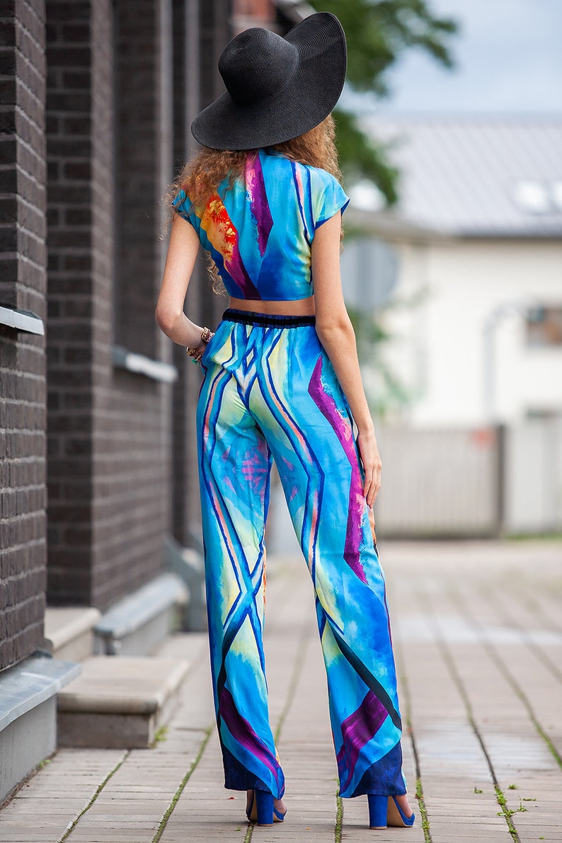 Blue Print Pants, Wide Leg Pants, Summer Pants, Plus Size Clothing, Loose Pants, High Waist Pants, Plus Size Pants, Oversize Pants, Party image 3