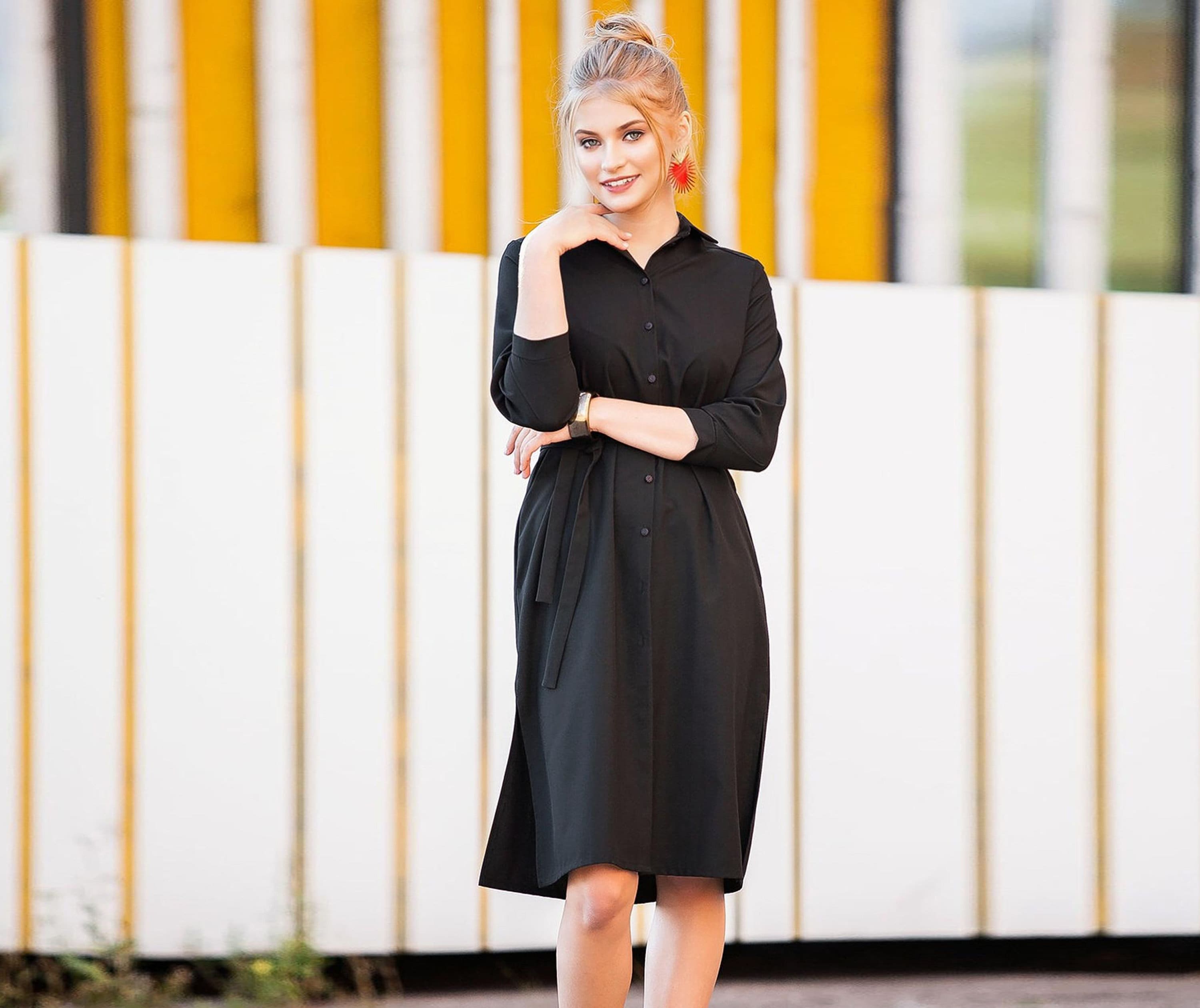 Black Shirt Dress Women Shirt Dress Plus Size Dress Collar Dress Office Dress Plus Size Clothing Black Dress Occasion Dress Guntina